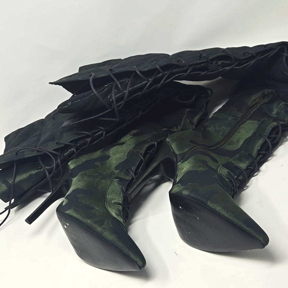 Asos Design high heel thigh high camo boots